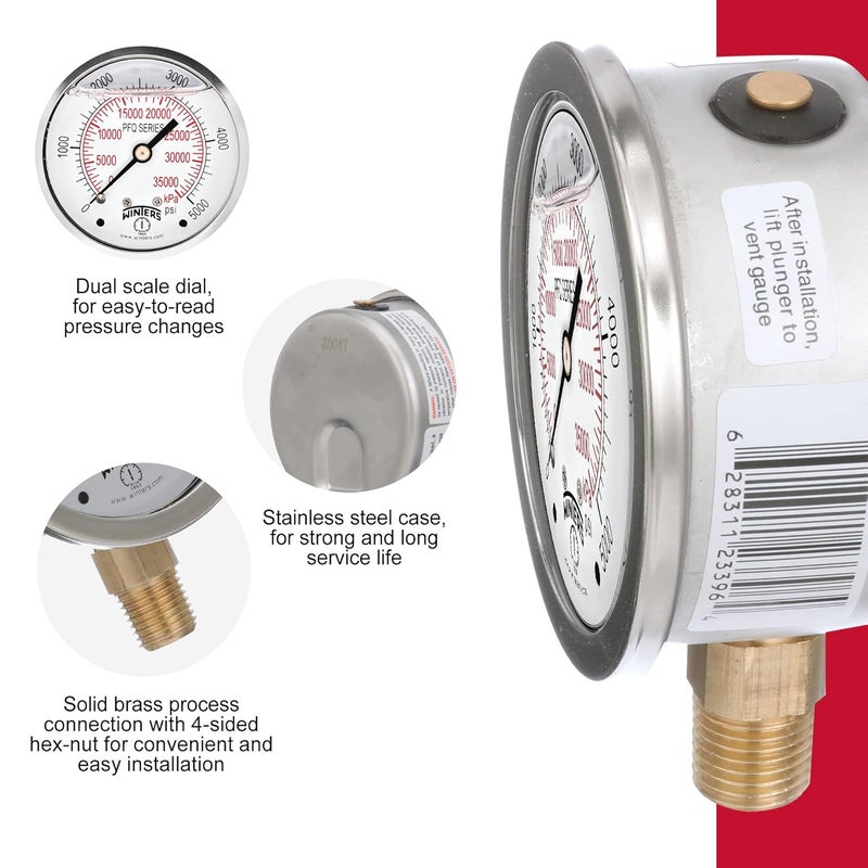 Winters Instruments Winters 2-1/2" Dial Size, Liquid Filled Industrial Pressure Gauge, Brass Internals, Stainless Steel Case, Dual Scale 0-5,000 psi/kPa, 1.5% Acc, 1/4" NPT Bottom Mount, Glycerin Filled Pressure Gauge - Image 5